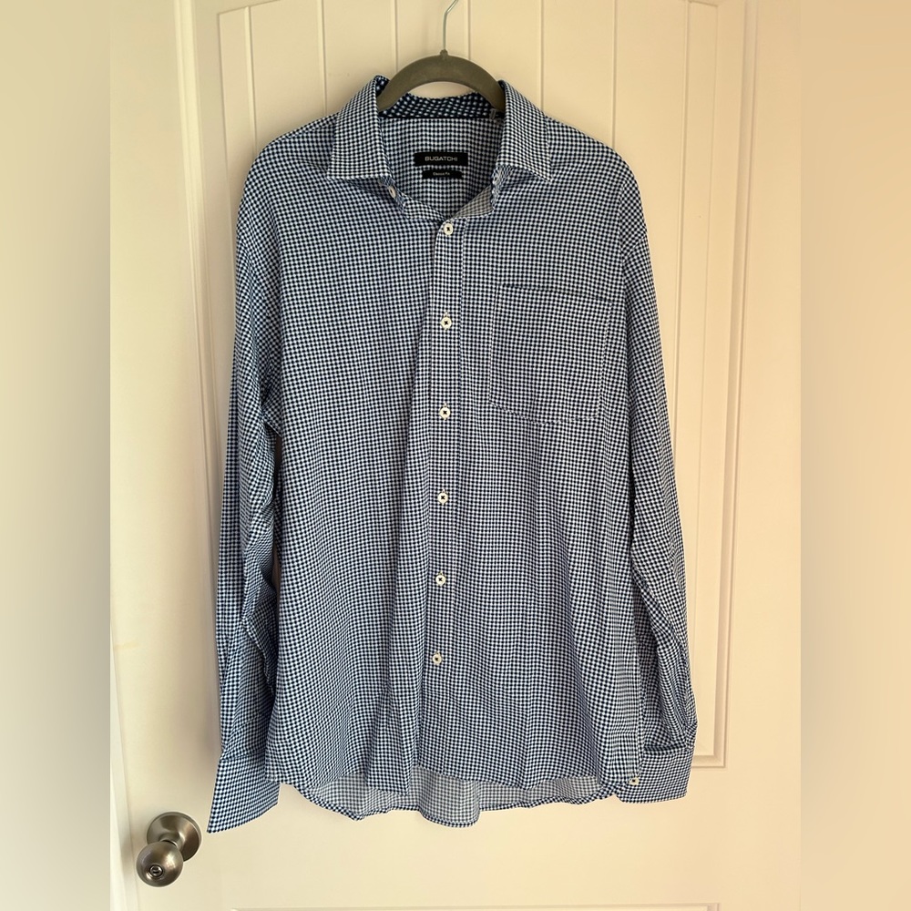 NWOT Bugatchi Uomo Dress Shirt Classic Fit Geometric Long Sleeve Men Blue Plaid